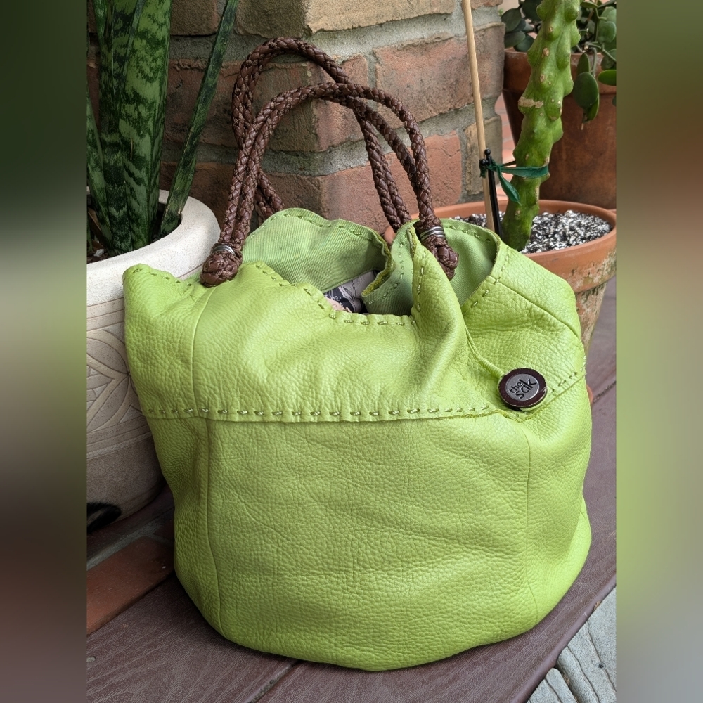 Vintage Sak Boho Bright Lime Green Pebbled Leather Hobo Purse Tote 90's Y2K